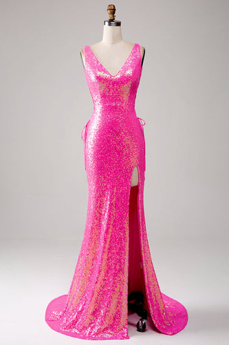 Sparkly Hot Pink Mermaid Prom Dress with Slit