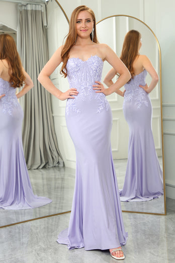 Lilac Mermaid Strapless Long Corset Prom Dress With Appliques