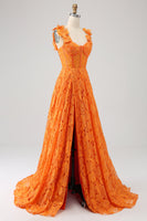 Load image into Gallery viewer, Orange A-Line Floral Lace Long Prom Dress