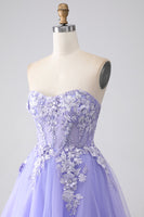 Load image into Gallery viewer, Lavender A-Line Strapless Tulle Long Prom Dress with Sleeves