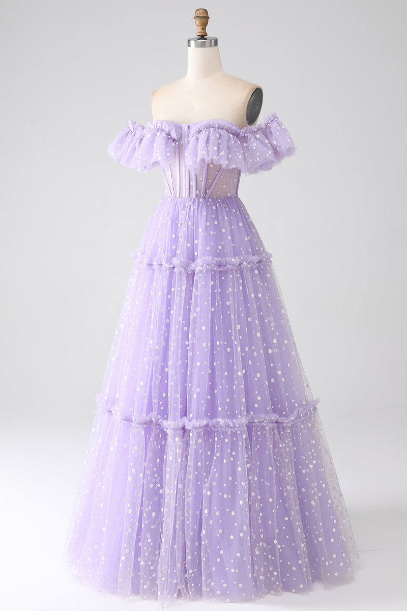 Load image into Gallery viewer, Off The Shoulder Lilac Corset Prom Dress