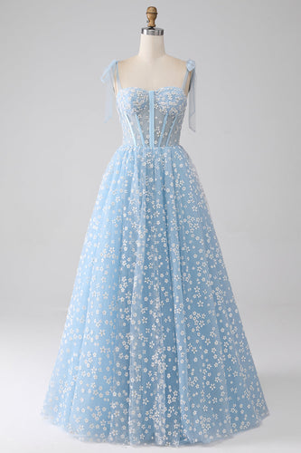 A-Line Spaghetti Straps Sky Blue Corset Prom Dress