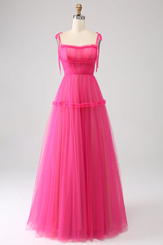 Fuchsia A-Line Ruffled Long Tulle Prom Dress