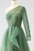 Load image into Gallery viewer, Dark Green A-Line One-Shoulder Long Prom Dress With Long Sleeves