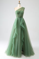 Load image into Gallery viewer, Dark Green Tulle A-Line One-Shoulder Long Prom Dress