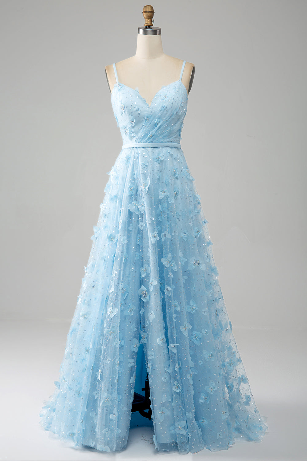 Sky Blue A Line Spaghetti Straps Sparkly Beaded Prom Dress with 3D Butterflies