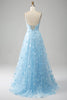 Load image into Gallery viewer, Sky Blue A Line Spaghetti Straps Sparkly Beaded Prom Dress with 3D Butterflies