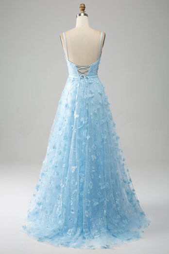 Sky Blue A Line Spaghetti Straps Sparkly Beaded Prom Dress with 3D Butterflies