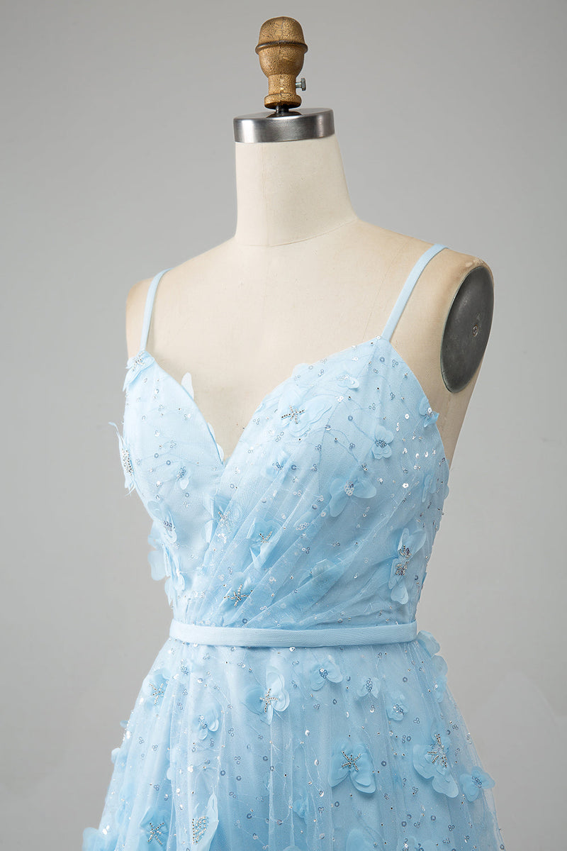 Load image into Gallery viewer, Sky Blue A Line Spaghetti Straps Sparkly Beaded Prom Dress with 3D Butterflies