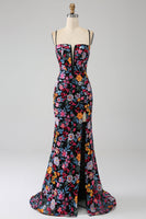 Load image into Gallery viewer, Mermaid Spaghetti Straps Black Flower Embroidered Prom Dress With Side Slit