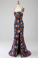 Load image into Gallery viewer, Mermaid Spaghetti Straps Black Flower Embroidered Prom Dress With Side Slit