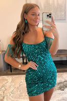 Load image into Gallery viewer, Queendancer Women Sparkly Turquoise Sequins Short Homecoming Dress with Fringes Tight Spaghetti Straps Cocktail Party Dress