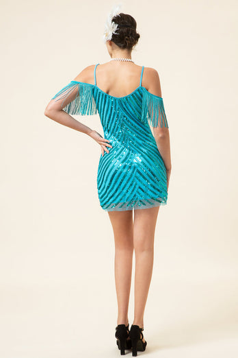 Tight Blue Sequins Cocktail Dress With 20s Accessories Set