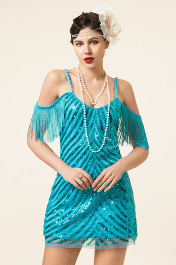 Sparkly Turquoise Tight Sequins Cocktail Dress with Fringes