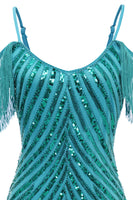 Load image into Gallery viewer, Sparkly Turquoise Sequins Tight Spaghetti Straps Short Homecoming Dress with Fringes