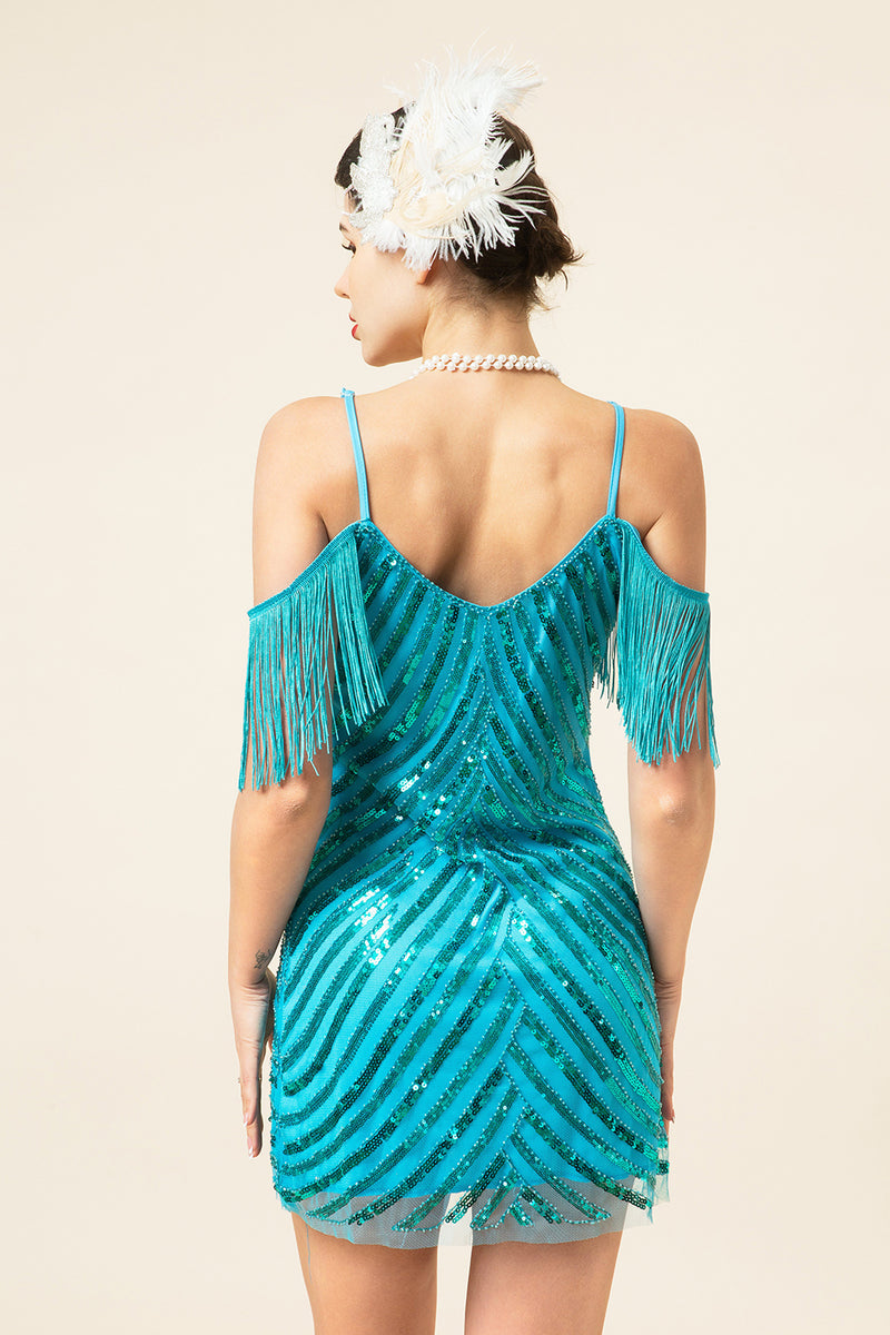 Load image into Gallery viewer, Sparkly Turquoise Tight Sequins Cocktail Dress with Fringes