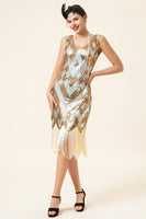 Load image into Gallery viewer, Golden Sequins Fringe 1920s Dress with 20s Accessories Set
