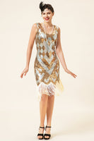 Load image into Gallery viewer, Golden Sequins Fringe 1920s Dress with 20s Accessories Set