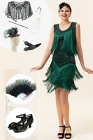 Load image into Gallery viewer, Dark Green Beaded Gatsby 1920s Dress With 20s Accessories Set