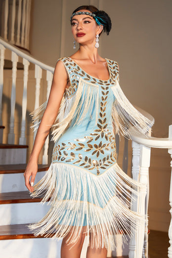 Blue Apricot Round Neck Gatsby 1920s Dress with Sequins and Fringes