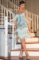 Load image into Gallery viewer, Blue Apricot Round Neck Gatsby 1920s Dress with Sequins and Fringes