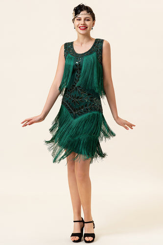 Dark Green Gatsby 1920s Dress with Sequins and Fringes