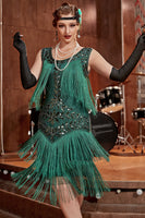 Load image into Gallery viewer, Queendancer Women 1920s Gatsby Dress Dark Green Round Neck Vintage Dress with Fringes