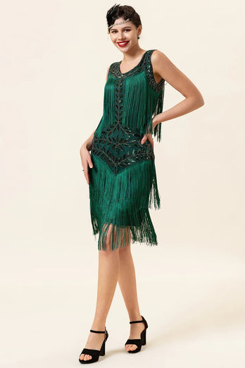 Dark Green Beaded Gatsby 1920s Dress With 20s Accessories Set