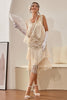 Load image into Gallery viewer, Queendancer Women 1920s Gatsby Dress Champagne Round Neck Vintage Dress with Fringes Tea Length Sleeves 1920s Evening Gown