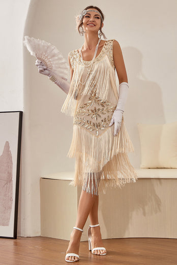 Queendancer Women 1920s Gatsby Dress Champagne Round Neck Vintage Dress with Fringes Tea Length Sleeves 1920s Evening Gown