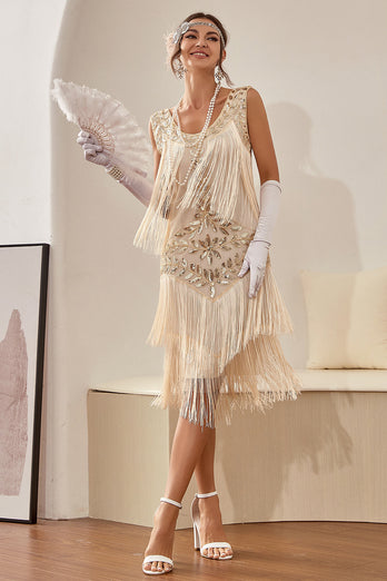 Champagne Gatsby 1920s Dress with 20s Accessories Set