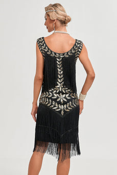 Black Gatsby 1920s Flapper Dress with Sequins and Fringes