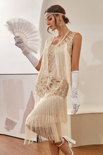 Champagne Gatsby 1920s Dress with 20s Accessories Set