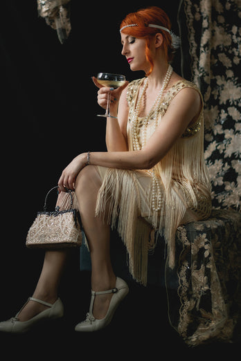 Champagne Gatsby 1920s Dress with Sequins and Fringes