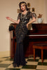 Load image into Gallery viewer, V Neck Black Sequins Long Formal Dress with Short Sleeves