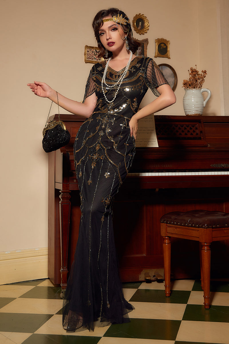Load image into Gallery viewer, V Neck Black Sequins Long Formal Dress with Short Sleeves