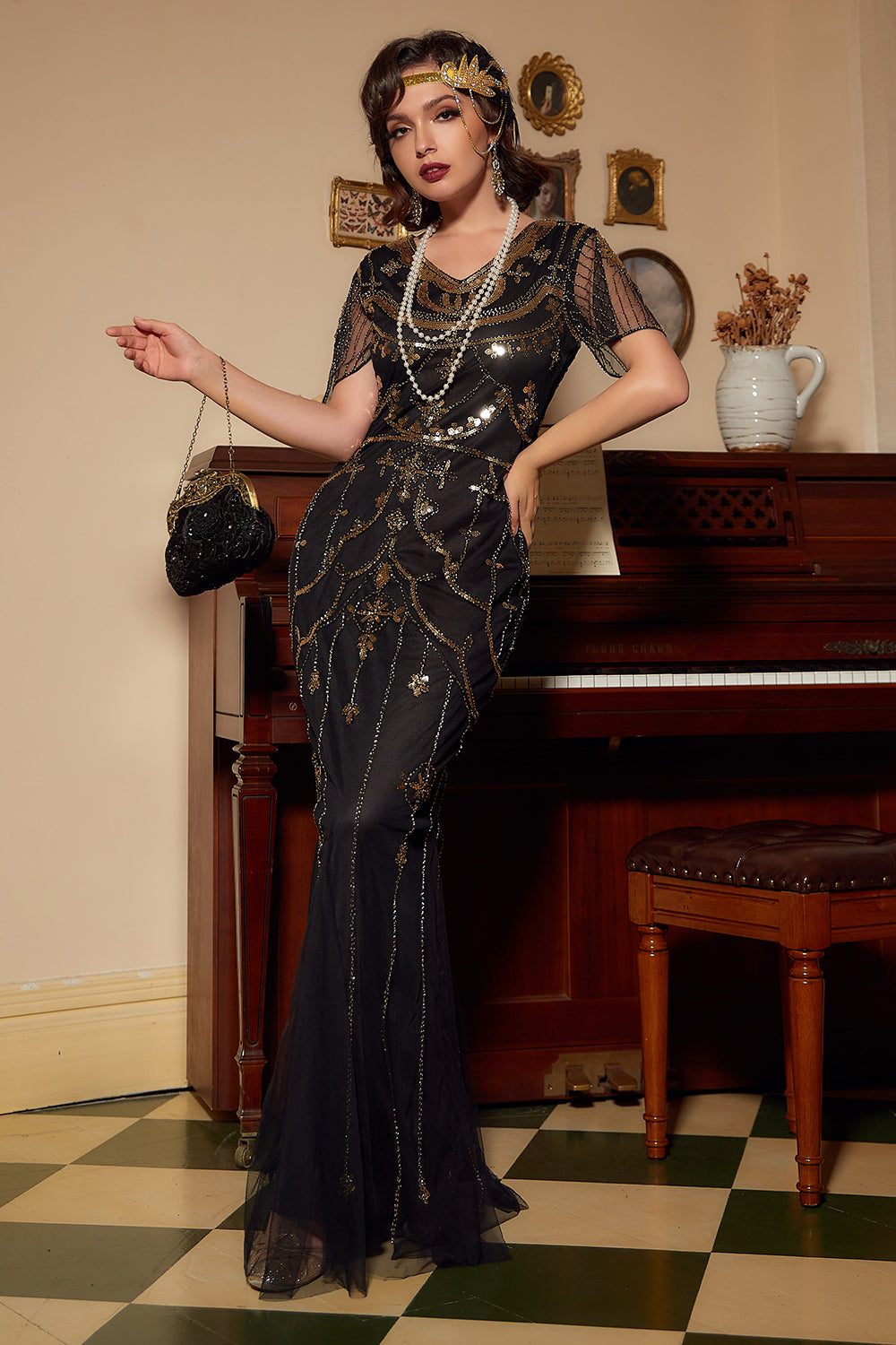 V Neck Black Sequins Long Formal Dress with Short Sleeves