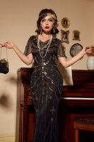 Load image into Gallery viewer, V Neck Black Sequins Long Formal Dress with Short Sleeves