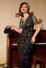 Load image into Gallery viewer, V Neck Black Sequins Long Formal Dress with Short Sleeves