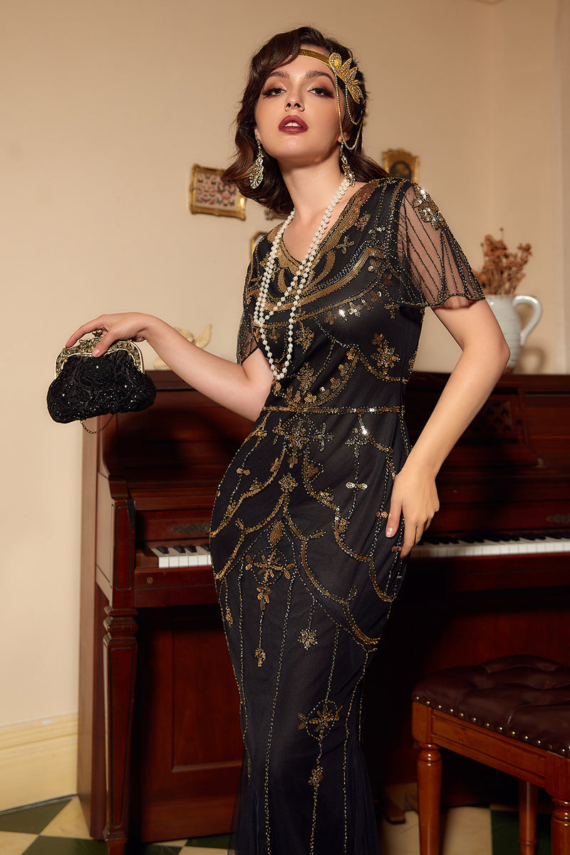 Load image into Gallery viewer, V Neck Black Sequins Long Formal Dress with Short Sleeves