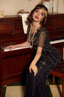 Load image into Gallery viewer, V Neck Black Sequins Long Formal Dress with Short Sleeves