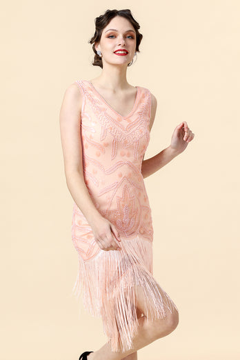 Blush Sequins 1920s Flapper Gatsby Dress with Fringes