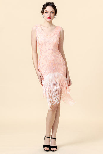Blush Sequins 1920s Flapper Gatsby Dress with Fringes