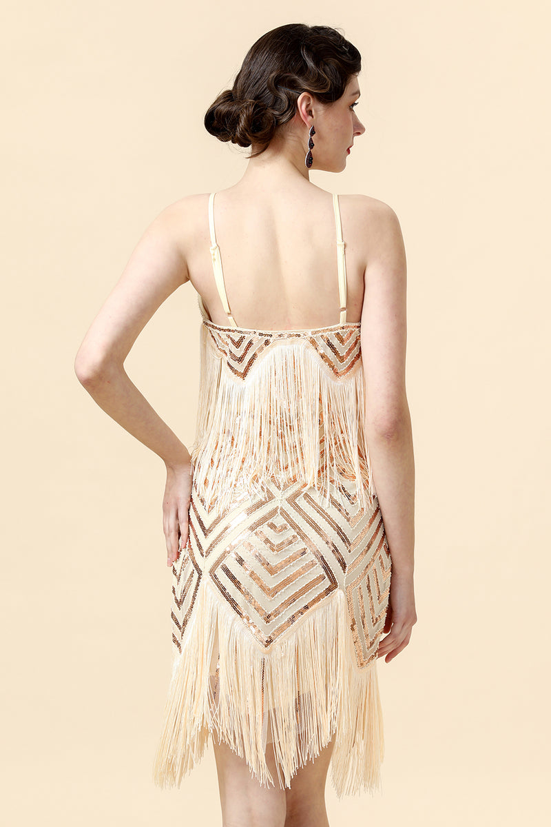 Load image into Gallery viewer, Champagne V-Neck Sequins Cocktail Dress with Fringes