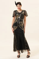 Load image into Gallery viewer, Black and Gold Sequin Long Formal 1920s Dress with Sequins