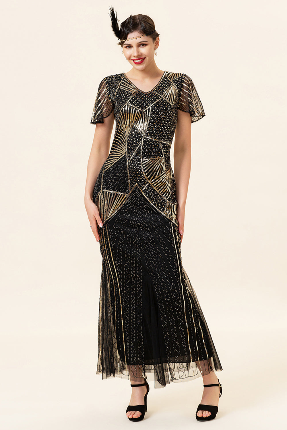 Black and Gold Sequin Long Formal 1920s Dress with Sequins