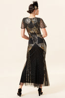 Load image into Gallery viewer, Black and Gold Sequin Long Formal 1920s Dress with Sequins