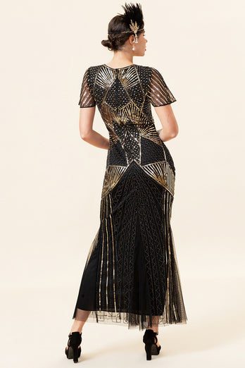 Black and Gold Sequin Long Formal 1920s Dress with Sequins