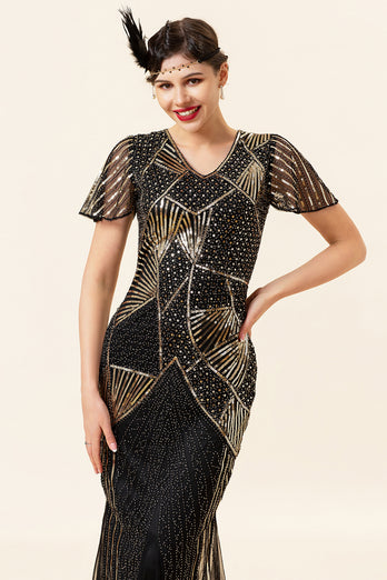 Black and Gold Sequin Long Formal 1920s Dress with Sequins