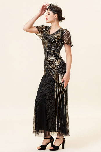 Black and Gold Sequin Long Formal 1920s Dress with Sequins